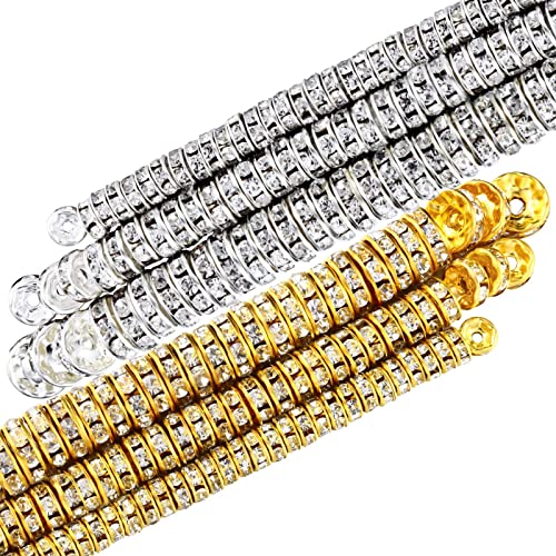 800 Pieces Round Rondelle Spacer Beads Crystal Rhinestone Loose Bead Rondelle Charm Beads 6 mm 8 mm 10 mm for Necklaces Bracelets Jewelry Making (Gold, Silver)