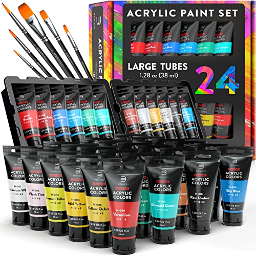 Premium Quality Acrylic Paint Set 24 Colors – 1.28oz (38ml) – with 6 Nylon Brushes – Safe for Kids & Adults – Perfect Kit for Beginners, Pros & Artists to Create Amazing Paintings and Artwork