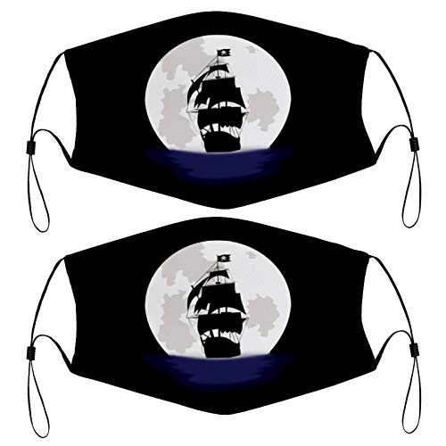Pirate Ship Kids Face Mask Set of 2 with 4 Filters Washable Reusable Adjustable Black Cloth Bandanas Scarf Neck Gaiters for Adult Men Women Fashion Designs