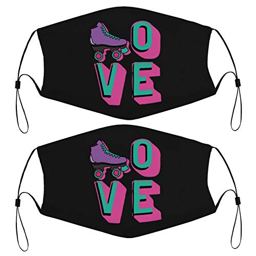 Roller Skates Love Kids Face Mask Set of 2 with 4 Filters Washable Reusable Adjustable Black Cloth Bandanas Scarf Neck Gaiters for Adult Men Women Fashion Designs