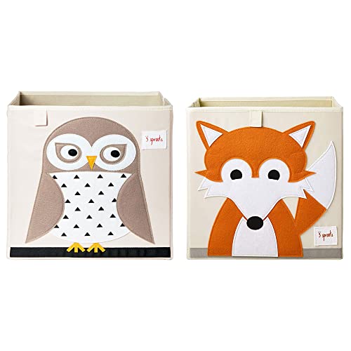 3 Sprouts Kids Childrens Collapsible Fabric 13x13x13 Inch Storage Cube Bin Box for Cubby Shelves, Orange Fox and Owl (2 Pack)