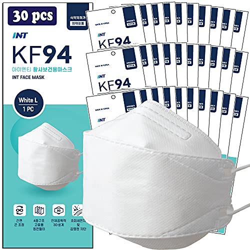 【 30 Pack 】 INT White KF94 Mask, Certified, 4-Layered Face Safety, Patented Adjustable Earloop, FDA Registered Device, Individually Sealed Package”MADE IN KOREA”
