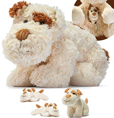 PREXTEX Plush Dog Mini Bag w/ 3 Little Puppies – Zippered Storage | Soft Dog Toy Stuffed Animals Bulk | Cute Stuffed Animal Puppy Toy | Baby Boy, Baby Girl | Baby Shower, Birthday Gift, Party Favor