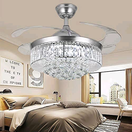 YUYUE 42-inch Invisible Ceiling Fan Chandelier with Light,Modern Crystal Ceiling Fan Light Remote Control 4 Retractable ABS Blades for Living Room Bedroom Dining Room Home Decoration