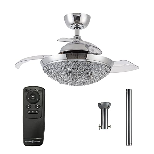Parrot Uncle Ceiling Fans with Lights and Remote Crystal Retractable Ceiling Fan with Light for Bedroom, Chrome