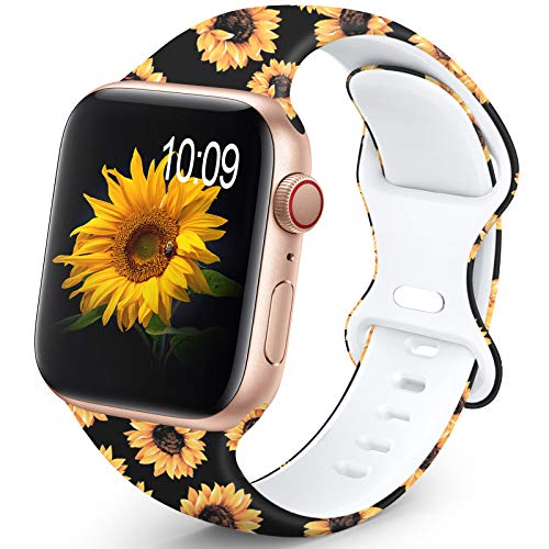 OHOTLOVE Compatible with Apple Watch 38mm 40mm 41mm 42mm 44mm 45mm for Women Men, Soft Silicone Pattern Printed Replacement Wristband Band For Iwatch SE Series 8 7 6 5 4 3 2 1.Sunflower A