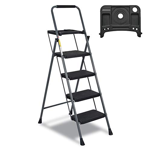 CharaVector 4 Step Ladder,Lightweight Folding Step Ladder,Folding Step Stool with Built-in Tool Platform and Anti-Slip Feet,Step Ladder with Handrails