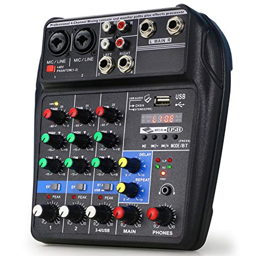 Ultra Low-Noise 4 Channels Audio Mixer – Sound Mixing Console Line Mixer with Sound Card and Built-in 48V Phantom Power for Home Music Production, Webcast, K Song and Other Needs by YOUSHARES