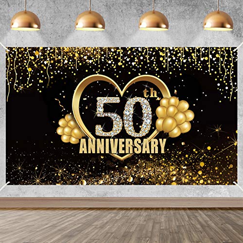 Yoaokiy 50th Wedding Anniversary Banner Backdrop Decorations, Gold Happy 50 Anniversary Party Supplies, Extra Large 50 Year Anniversary Decor Poster Photography (6 X 3.6ft)