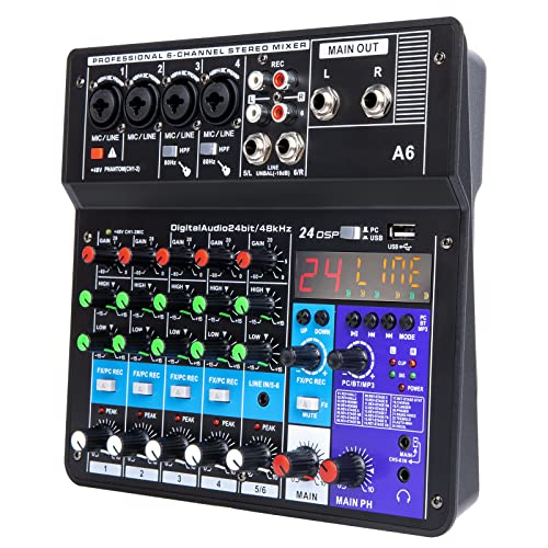 6 Channel Audio Mixer – Portable Digital Line Mixer Console Build-in 24 DSP Effects BT Function 48V Phantom Power for Karaoke Streaming by YOUSHARES