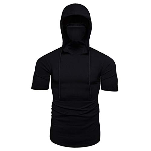 Mens Facemask Skull Pure Color Pullover Hoodies Long/Short Sleeve/Sleeveless Hooded Sweatshirt Tops Shirt Blouse with Side Half Zipper