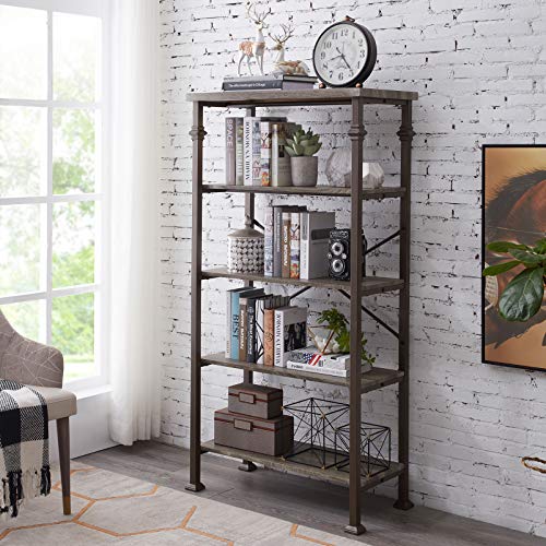 Heavy Duty 5-Tier Bookshelf with Sturdy Metal Frame and Wood Board, Industrial Large Bookcase Standing Shelf for Home Office Small Space, Sturdy Vintage Organizer Rack Display Open Shelves, 62.4″ High