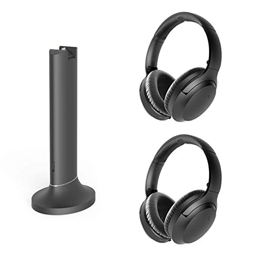 Avantree Opera Dual Link Bundle – Wireless Headphones High Volume for Seniors, Hearing Impaired (Set of 2) & Bluetooth 5.0 Transmitter Charging Dock, Long Range, Audio Bypass for Soundbar, No Delay