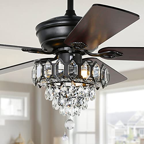 52″ Modern Crystal Ceiling Fan Light, 5 Reversible Blades, Reversible Motor, Remote Control & Pull Chain Switch – Black
