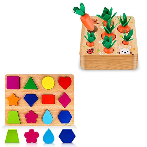 SKYFIELD Wooden Carrot Harvest Game & Shape Puzzles Gifts Toys for Boys Girls 3 4 5 6 Years Old, Color& Shape Educational Montessori Toys for Toddler Kids, Great Christmas Gift & Birthday Gift