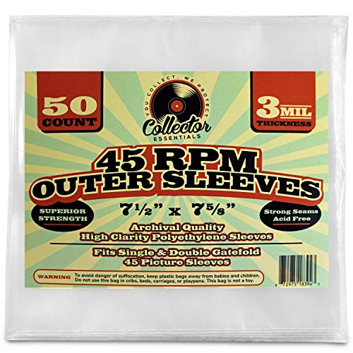 50 Clear Plastic 45 RPM 7″ inch Outer Sleeves for Vinyl Records Covers – 3 Mil Thick – 7 1/2 X 7 5/8″ – Preserve & Protect Single & Double Gatefold Picture Sleeves Cover Artwork.