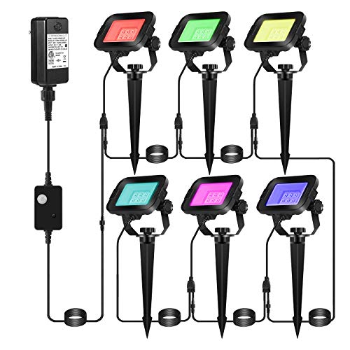 Ucomeuni Outdoor LED Flood Light 6 in 1 Color Changing LED Lighting 12V Landscape Lights with UL Adapter IP66 Waterproof Garden Pathway Light with Metal Spike Stand for Yard, Lawn, 6 Pack, Black