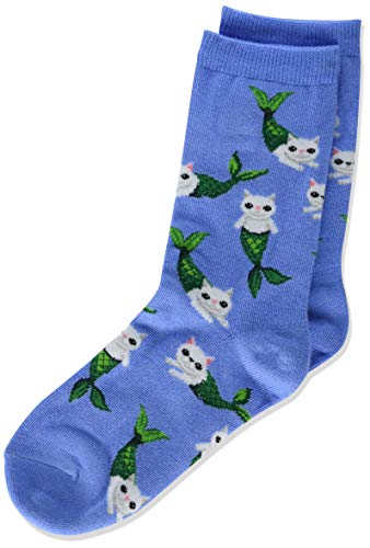 Hot Sox Girls’ Animal Series Novelty Casual Crew Socks, Mermaid Cat (Periwinkle), Medium/Large
