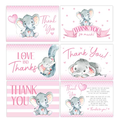 Pink Elephant Baby Shower Thank You Cards, Girl Baby, Mama Baby Shower Favor and Games, 50 Thank You Cards