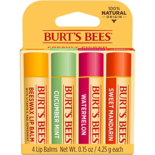 Burt’s Bees Lip Balm, Moisturizing Lip Care, 100% Natural, Freshly Picked – Original Beeswax, Cucumber Mint, Watermelon, & Sweet Mandarin (4 Pack)