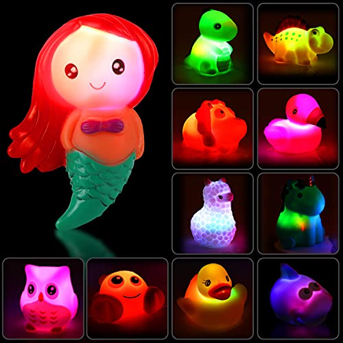 Bath Toys, 12 Pack Light Up Floating Rubber Animal Set | Flashing Color Changing LED Light in Water with Duck Mesh Storage Bag