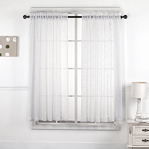 Set of 2 Linen Textured Rod Pocket Top Sheer Window Treatments Curtain Panels (52″ W x 63″ L, White)