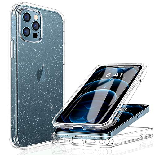 Miracase Glass+ Glitter Clear Protective Case Compatible with iPhone 12 Pro Max 6.7″ with [Built-in 9H Tempered Glass Screen Protector],2020 Full-Body Clear/Silver Glitter Case for Girl Women