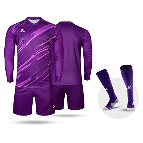 KELME Customize Padded Soccer Goalie Jersey Goalkeeper Shorts, Youth Matching Uniform Long Sleeve Bundle, Adult Keeper Kit Shirts Pants Socks Futsal Set Women Purple M