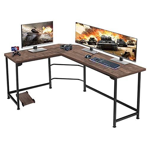VECELO Corner Desk 66″ with CPU Stand/PC Laptop Study Writing Table Workstation for Home Office Wood & Metal,Coffee+Black Leg, L-Shaped