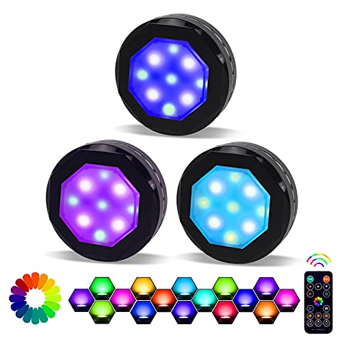 MFOX Under Cabinet Led Lighting, Closet Lights|Puck Lights with Remote, RGB Color Changing Dimmable Lighting… (Black, 3 Packs)