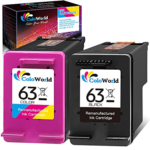 ColoWorld Remanufactured Printer Ink 63 Replacement for HP 63 Ink Cartridge Combo Pack Fit for Envy 4520 3634 OfficeJet 3830 5252 4650 5258 4655 4652 DeskJet 3636 3630 3637 Printer (1 Black,1 Color)
