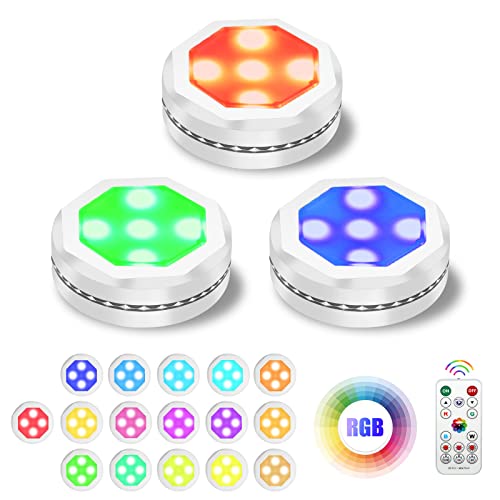 UYICOO Led Puck Lights with Remote Control, Wireless Color Changing Dimmable Under Cabinet Lighting, 3500K Battery Operated Sticker Light with Timing, Under Counter Lights for Closet (White 3 Packs)