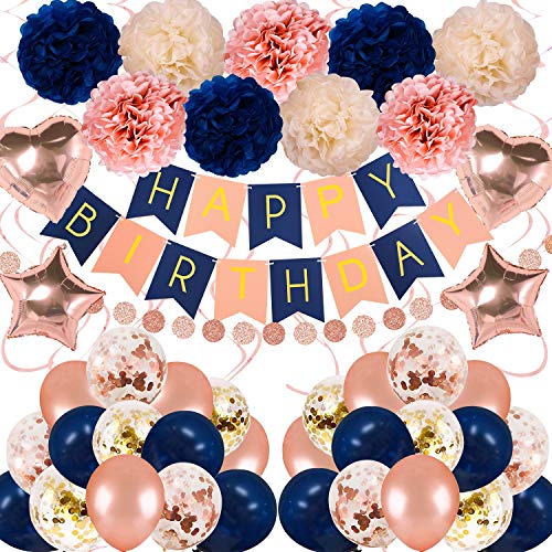 Navy Rose Gold Birthday Decorations 61 Pieces Balloon kit with foil Balloons,Flower Pompoms,Round String Suit for 1st 16th 21th 25th 30th 35th 40th, Women Grils Navy Rose Gold Birthday Party1