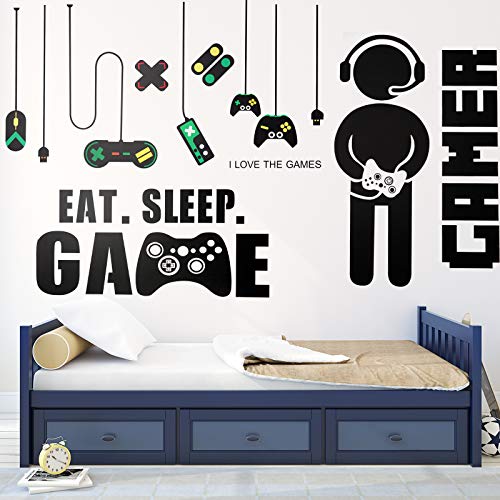 3 Sheets Game Wall Stickers Video Game Wall Decals, Vinyl Gaming Wall Stickers Eat Sleep Game Wall Decal for Boys Kids Men Bedroom Home Playroom (Separated Game Boy Style)