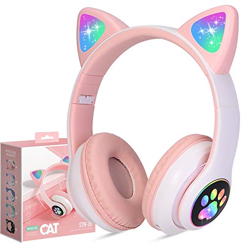 Kids Wireless Headphones TCJJ Cat Ear LED Light Up Bluetooth Foldable Headphones Over Ear w/Microphone for Online Distant Learning (Pink)