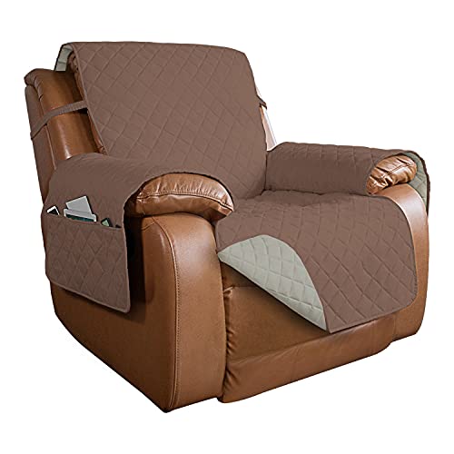 PureFit Reversible Quilted Oversized Recliner Sofa Cover, Water Resistant Furniture Protector, Washable Couch Cover with Elastic Straps for Kids, Dogs, Pets (Oversized Recliner, Brown/Beige)