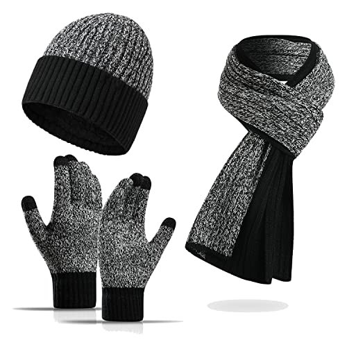 Ecodudo 3 Pieces Beanie Hat Long Scarf Touch Screen Gloves Set Color Block Skull Cap Warm Acrylic Lined Scarf and Glove for Men and Women (Black&White)