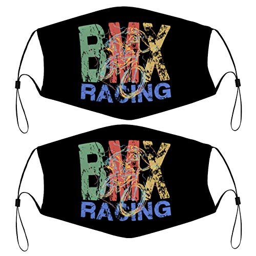 BMX Mountain Bike Racing Kids Face Mask Set of 2 with 4 Filters Washable Reusable Adjustable Black Cloth Bandanas Scarf Neck Gaiters for Adult Men Women Fashion Designs
