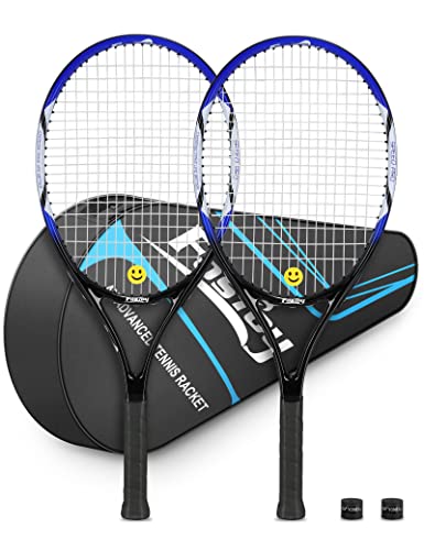 Fostoy Adult Tennis Racket, 27 inches Tennis Racquet 2 Pack, Perfect for Beginner Student Women and Men Tennis Racket, with Carrying Bag, Overgrip Tape, Vibration Damper (Blue)