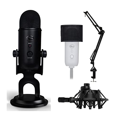 Blue Microphones Yeti USB Microphone (Blackout) Bundle with Shock Mount, Desktop Boom Arm Microphone Stand, Pop Filter for Use with Recording, Podcasting, and Streaming Microphones (4 Items)