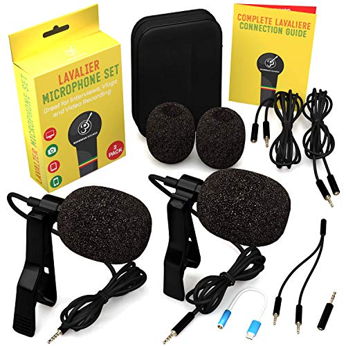 Lavalier Microphone 2 Pack Bundle – Omnidirectional Lapel Mic with Clip-On Suitable for iPhone, Android, Samsung, GoPro, DSLR – Professional Lapel Mic for YouTube and Vlogging