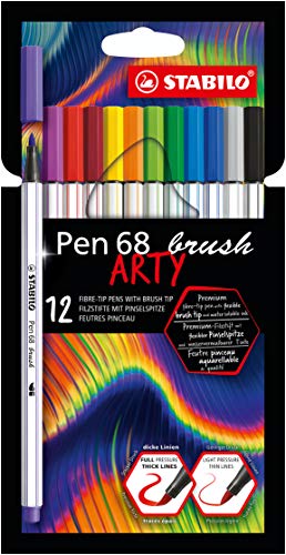 Premium Fibre-Tip Pen with Brush Tip – STABILO Pen 68 brush – ARTY – Pack of 12 – Assorted Colours