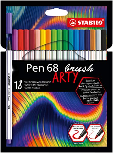 Premium Fibre-Tip Pen – STABILO Pen 68 brush ARTY – Wallet of 18 – Assorted Colours