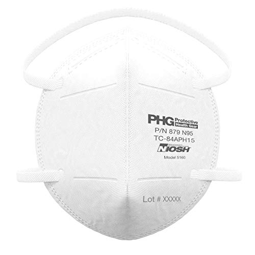 PHG PROTECTIVE HEALTH GEAR N95 Mask, NIOSH Certified, MADE IN USA, Particulate Filtering Facepiece Respirators for Medical Professionals & Personal Protective Use, Head-Straps, 50 Masks