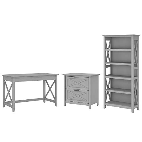 Bush Furniture Key West Writing Desk with 2 Drawer Lateral File Cabinet and 5 Shelf Bookcase, 48W, Cape Cod Gray