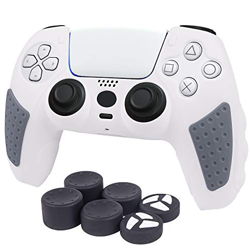 PS5 Controller Grip Cover, CHIN FAI Anti-Slip Silicone Skin Protective Cover Case for Playstation 5 DualSense Wireless Controller with 6 Thumb Grip Caps (White-Gray)