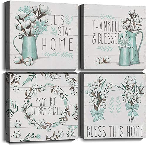 Merrleem Farmhouse Wall Art Cotton in Jar Canvas Print Painting Quotes Picture Artwork for Bathroom Bedroom Kitchen Home Decor (12″x12″x4pcs)