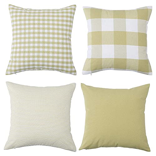 Set of 4 Decorative Farmhouse Throw Pillow Covers Plaid Cotton Square Pillow Cases Striped Pillowcase Soft Solid Cushion Case for Sofa Bedroom Couch, 18 x 18 Inch, Bright Green & White
