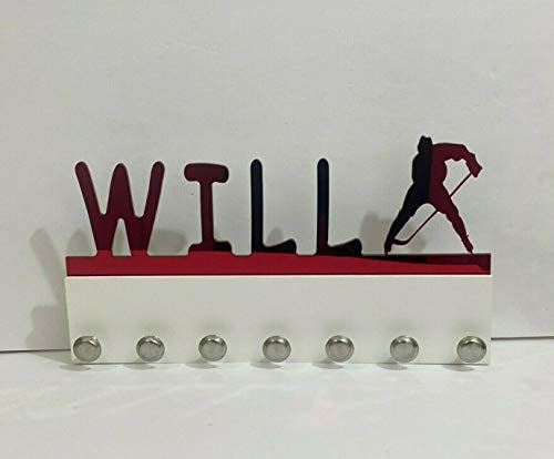 Custom Personalized Name Medal Holder Boy Men Man Male Ice Hockey Puck Speed Skate Skater Awards Display Hanger Rack with Hooks 60+ Medals Ribbons Sports 16” Wide Made To Order With Your Name On It