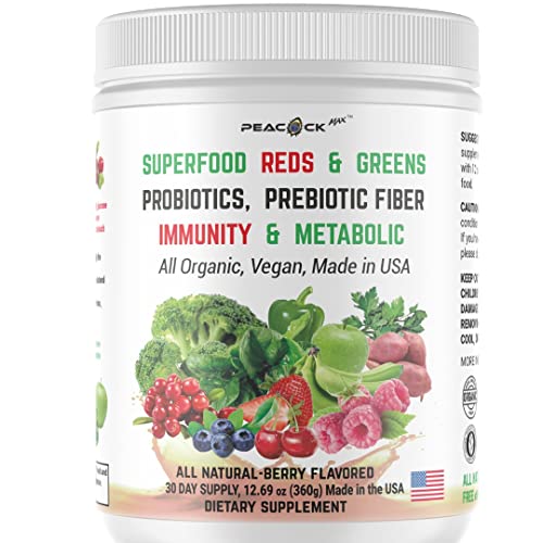 Organic Superfood Reds Greens Plus Immunity Probiotic Prebiotic Fiber Powder Non-GMO 30 Day Supply 360g/12.7 oz